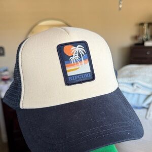 VINTAGE 1969 Rip Curl Beige & Navy Trucker Hat with Tropical Patch